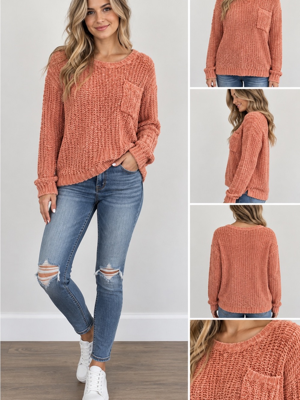 Free People Womens S Small Orange Peach Knit Pullover Sweater Jumper Comfy Boho
